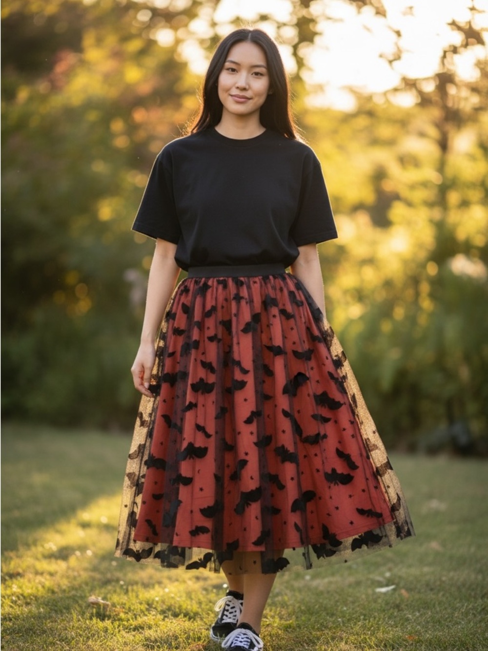 Orange black sz large Midi Tulle Skirt with Black Motif bat theme fall Halloween - Picture 2 of 7